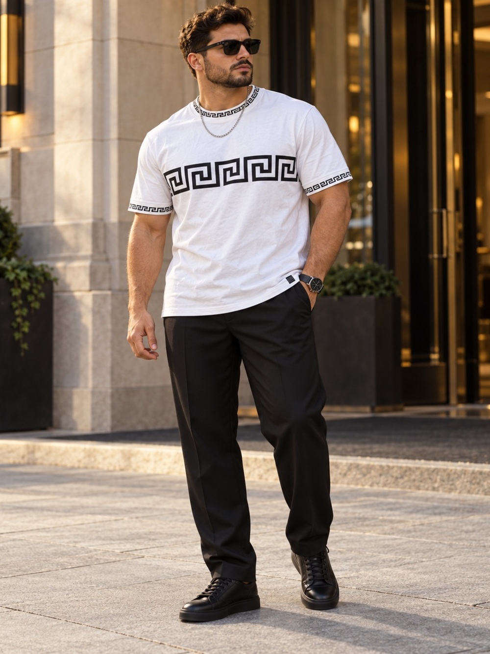 Casa Moda Couture Men’s XXL White Black Greek Key Luxury Streetwear Tee